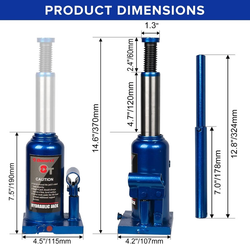 Donext جاك هيدروليكي زجاجة 8 طن / 17637 رطل، جاك سيارة أزرق، نطاق رفع 7.48-14.6 بوصة، جاك زجاجة ملحوم للسيارة، بيك أب، شاحنة، RV، إصلاح السيارات - Image 4